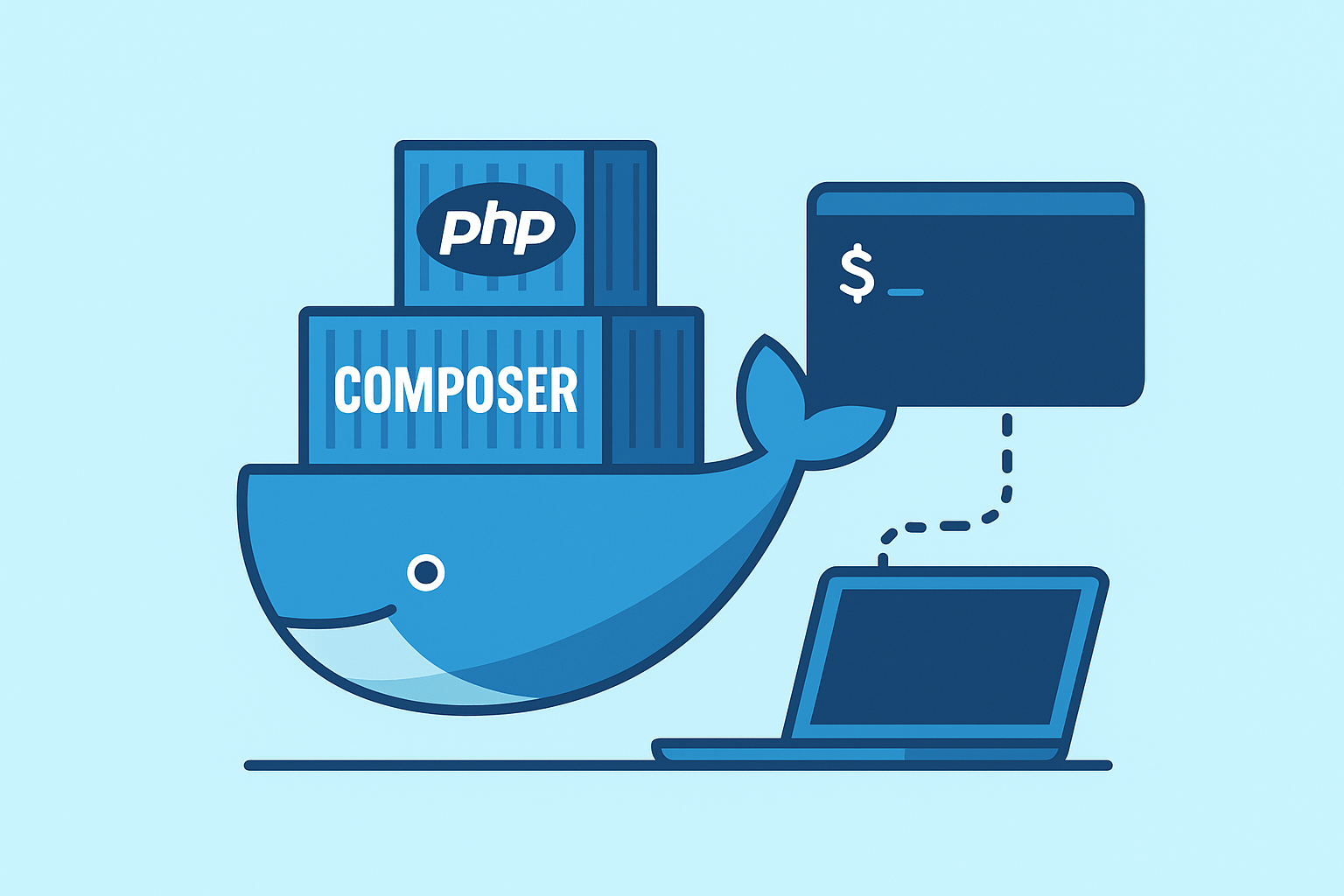 Docker Whale carrying a Composer and PHP container with a terminal on the right hand side